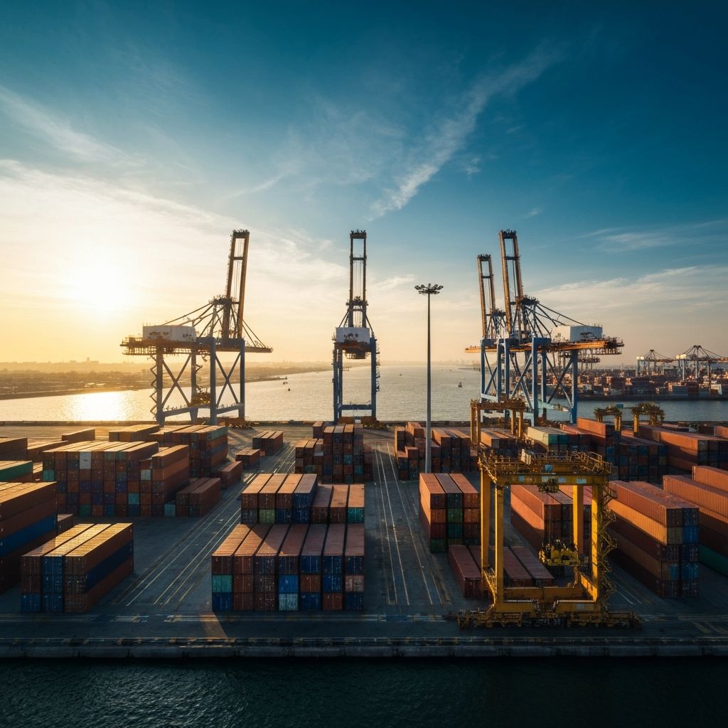 Aerial view of shipping port with cargo cranes at golden hour