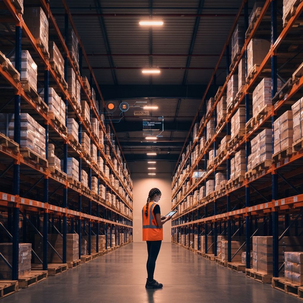 Modern logistics warehouse with digital tracking overlays